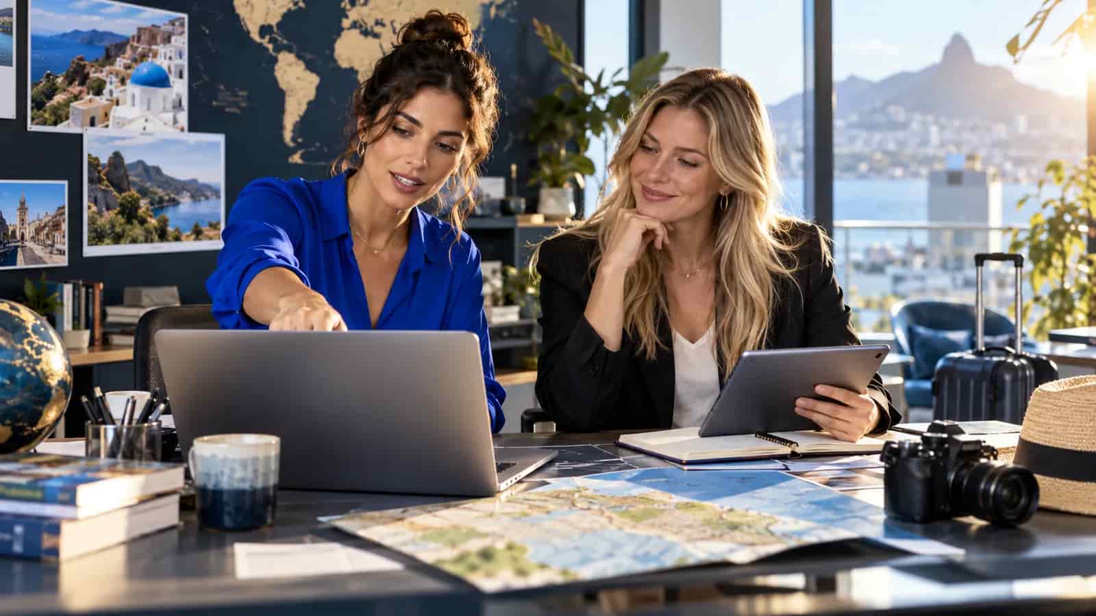 Illustrative scene of two travel professionals collaborating with a laptop and tablet