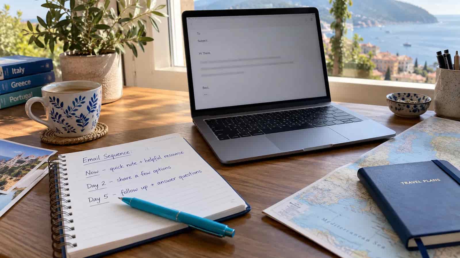 Travel advisor planning the email sequence that follows a lead magnet download. Illustrative image.