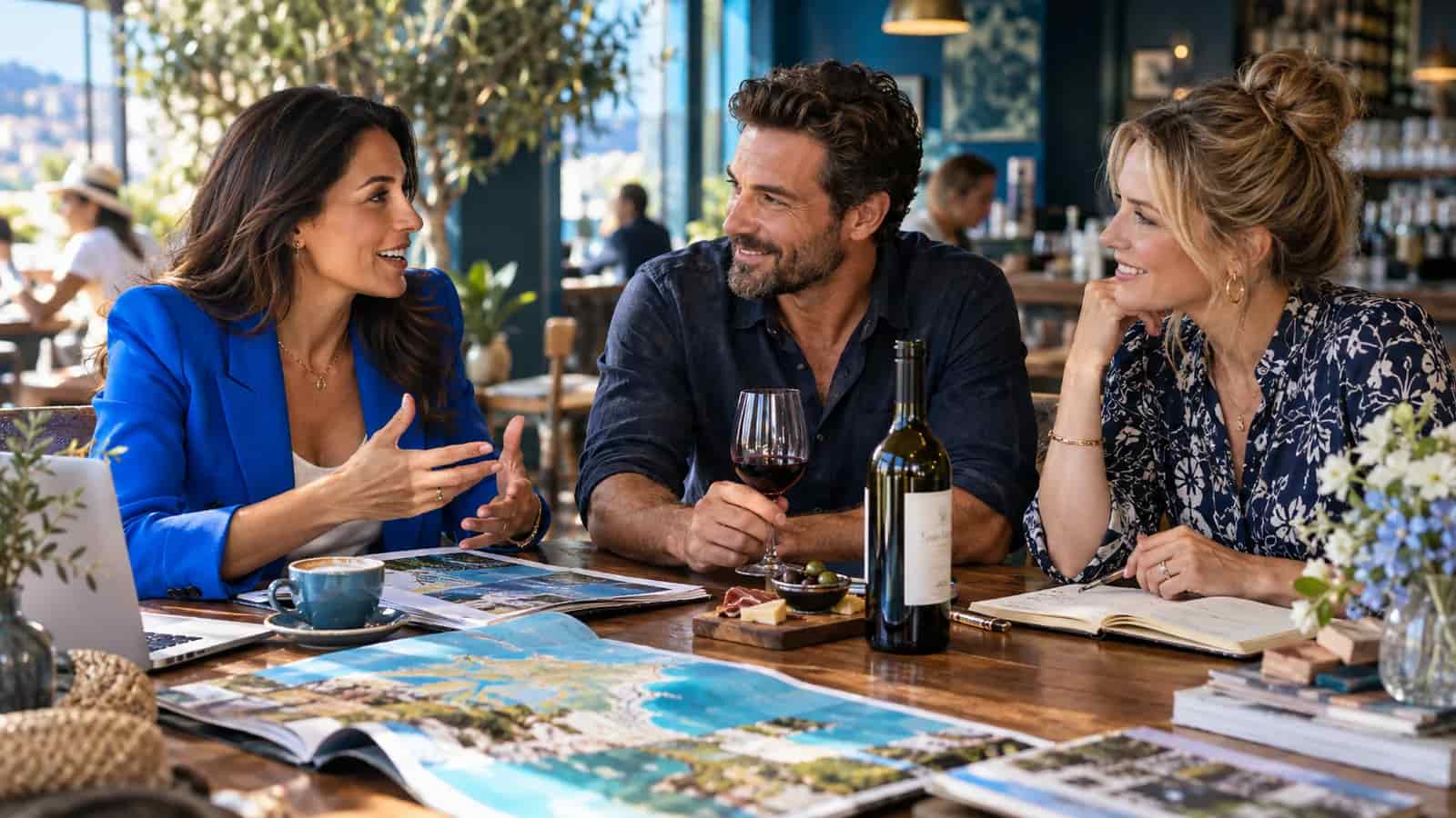 Illustrative scene of a travel advisor and small-business owners discussing referral partnerships at a cafe