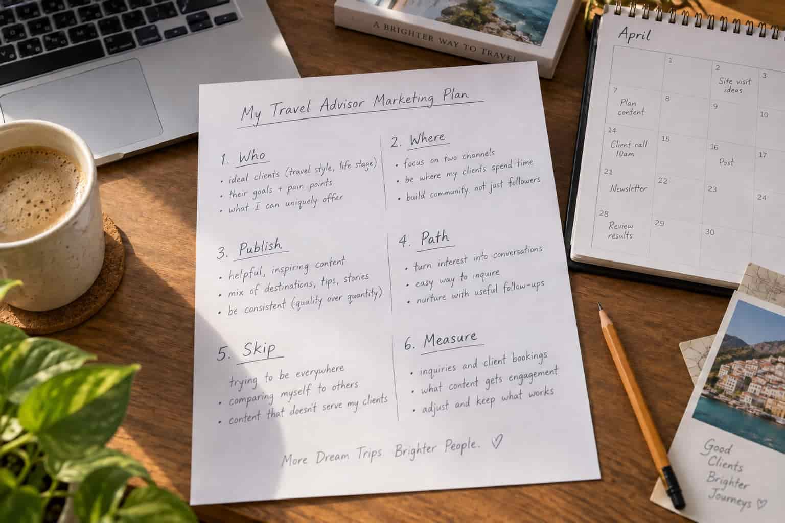 A one-page travel agency marketing strategy written out by hand.