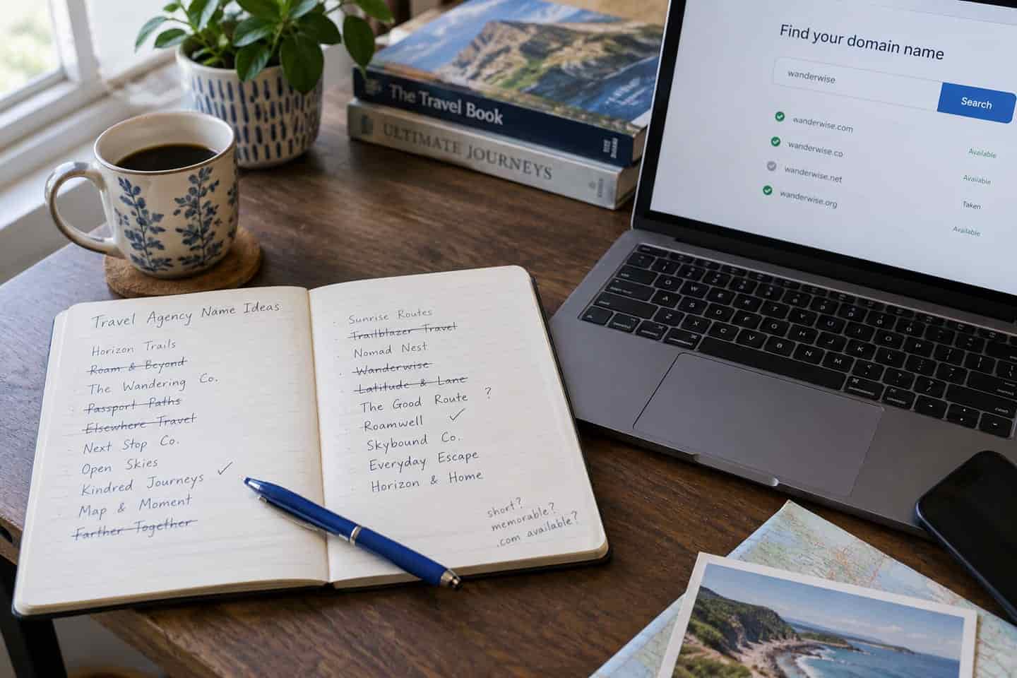 Travel advisor working through travel agency name ideas on paper before checking domain availability.