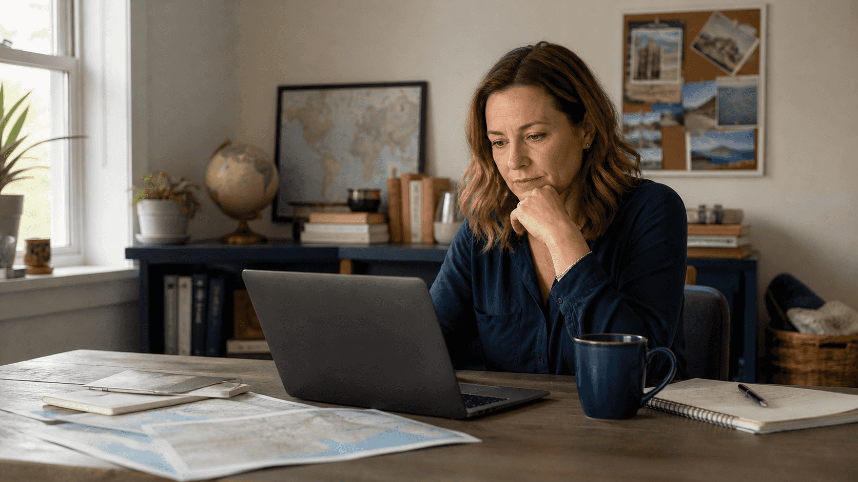 Independent travel advisor working at a laptop in a home office while thinking through how to find clients