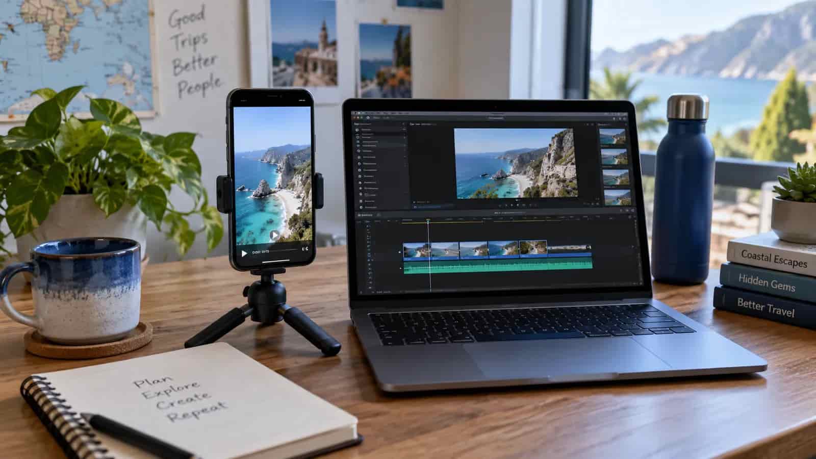 Travel advisor editing a short social video on a phone beside a laptop. Illustrative image.