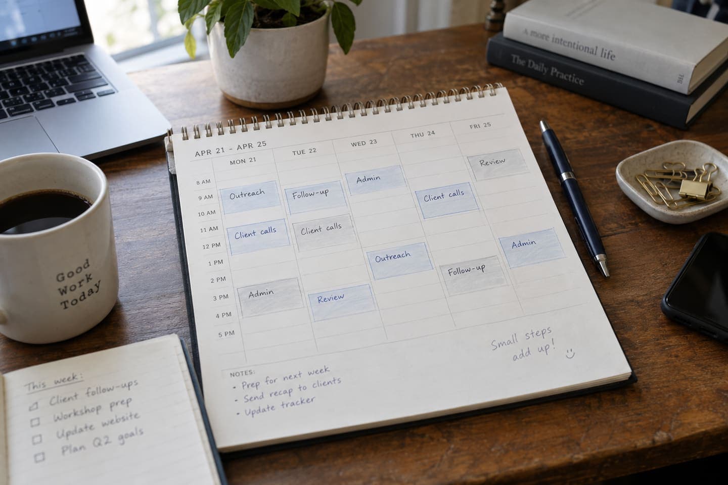 A calendar with working days blocked out for marketing, client work and administration
