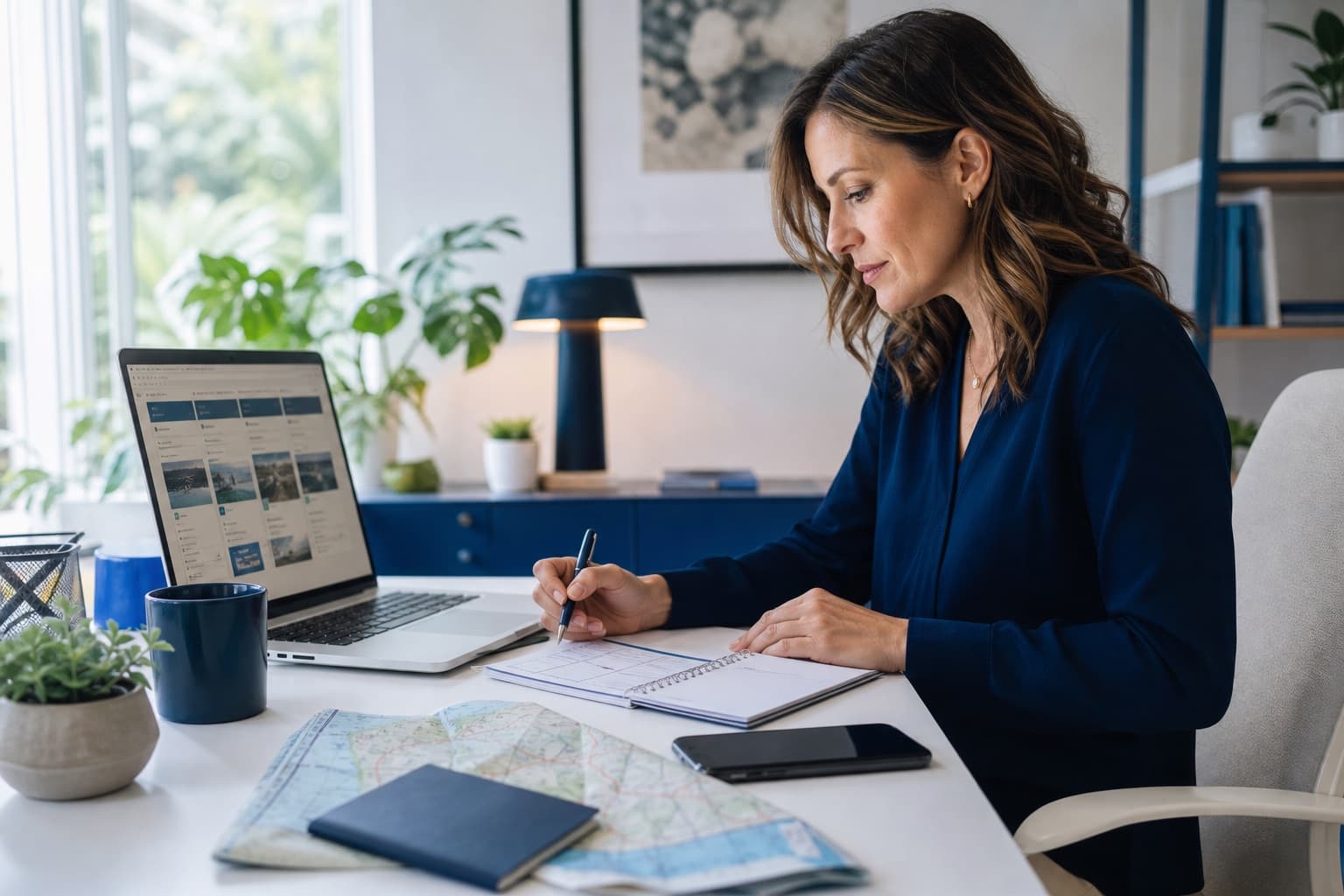 Independent travel advisor planning digital marketing for a travel agency at a laptop