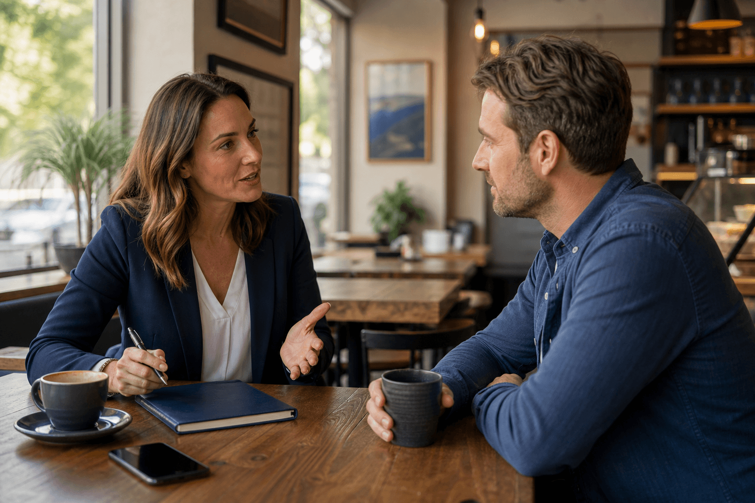 Independent travel advisor talking with a prospective client at a coffee shop table
