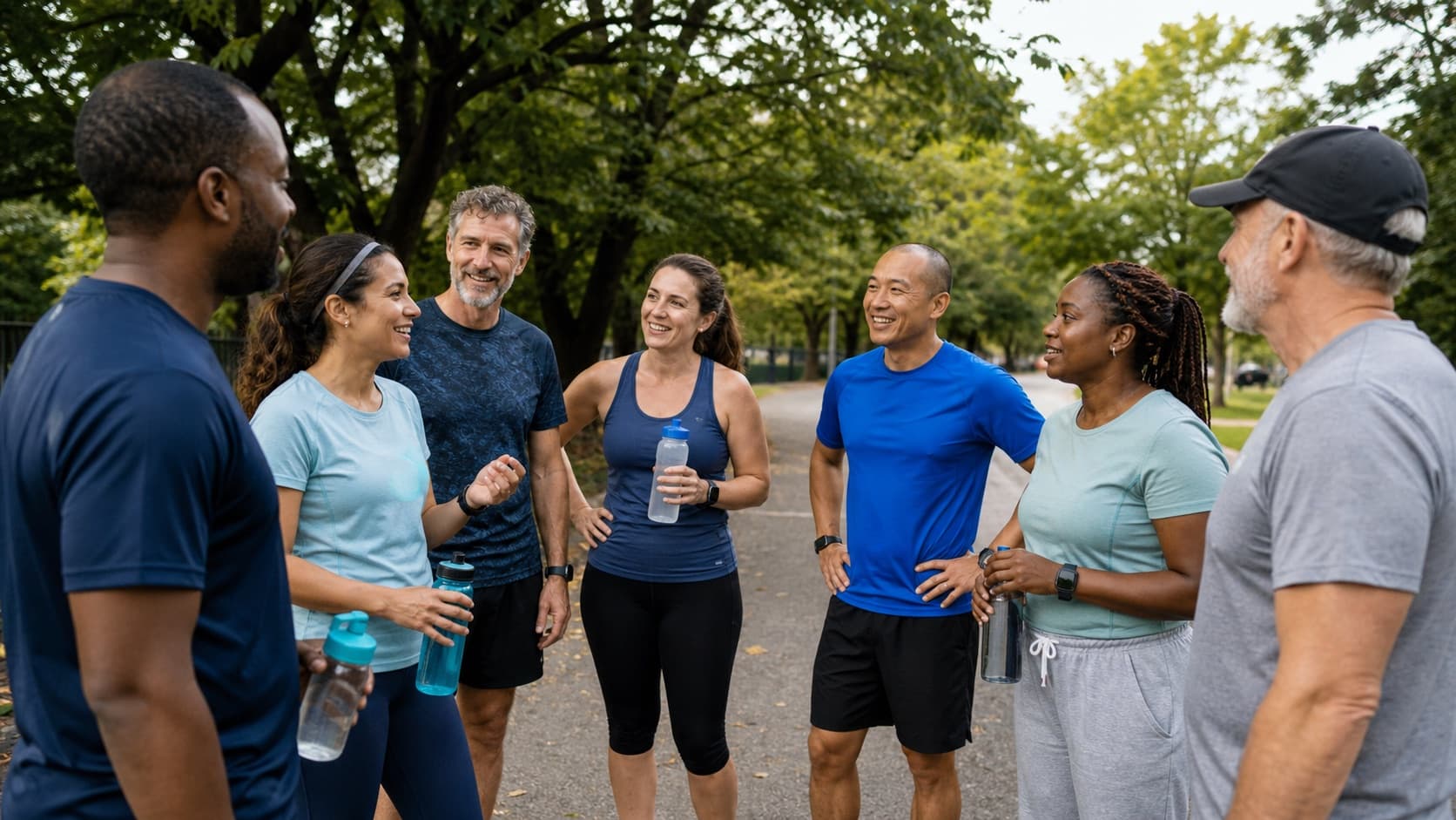Ordinary adult running club talking together after a morning run as an example of an existing affinity group