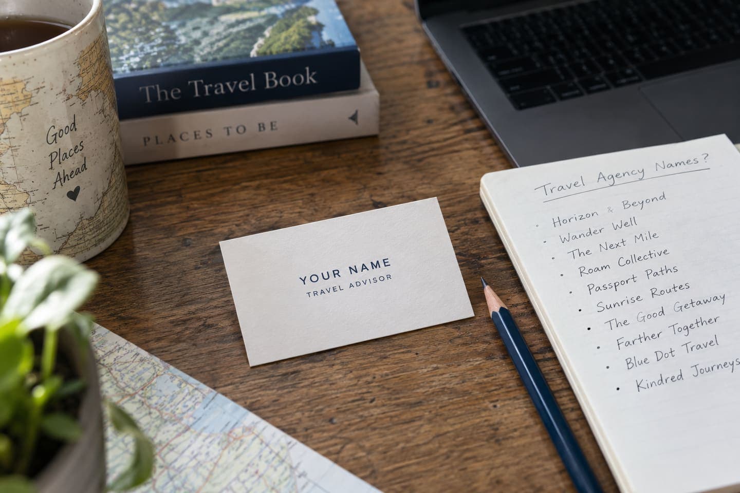 A plain travel agency name on a business card mockup, checking how the name fits in a real-world application