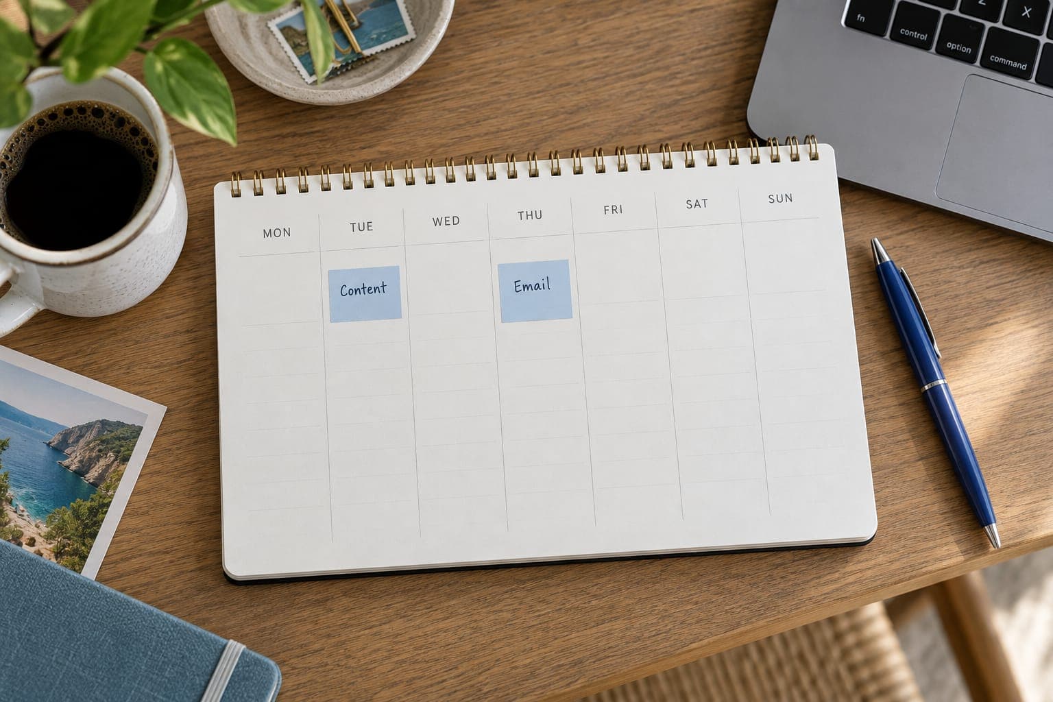 A realistic marketing cadence blocked into a travel advisor's calendar.