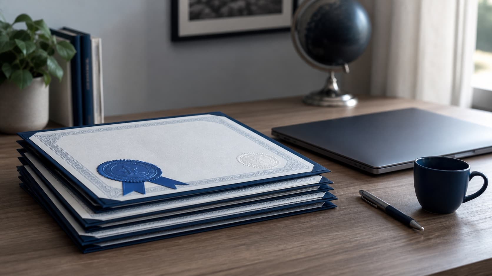Stack of travel agent certification documents beside a closed laptop