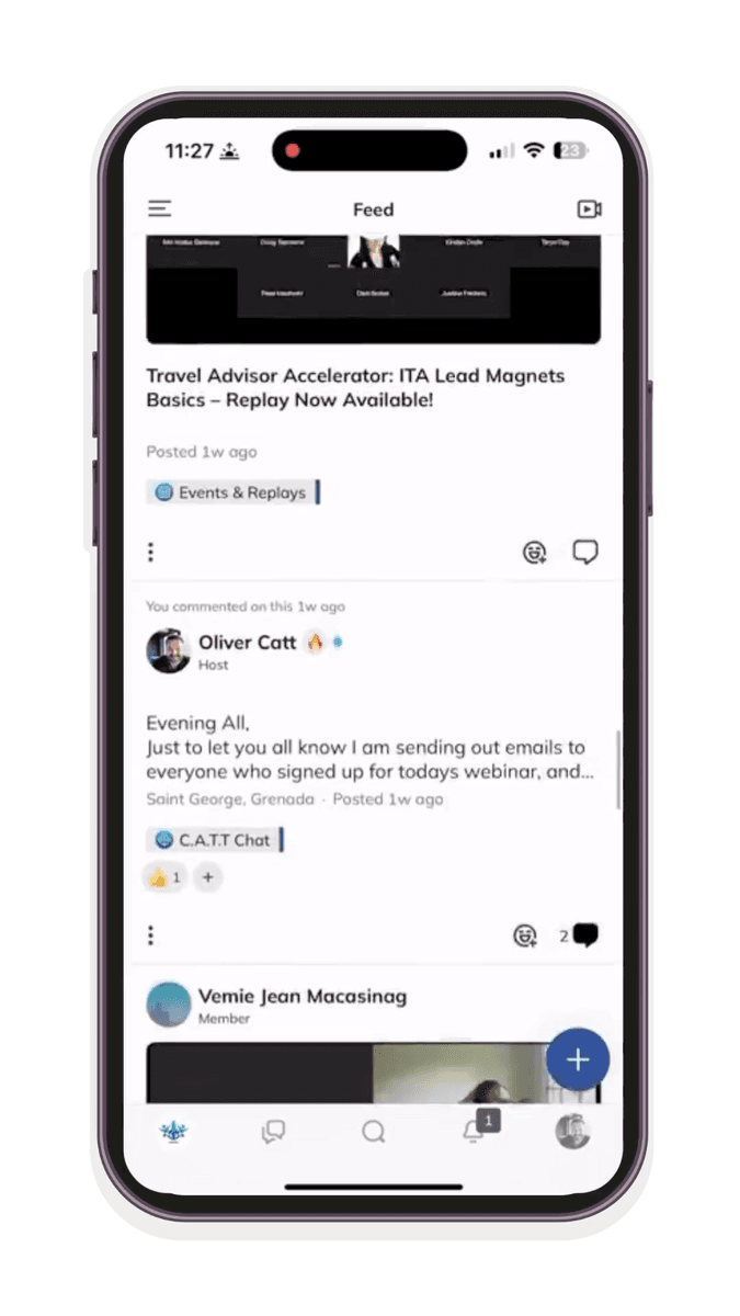 CATT travel advisor community mobile app showing advisor conversations