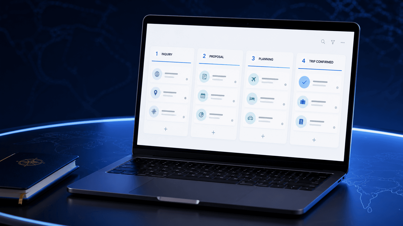 Laptop displaying a simple CRM client pipeline for travel advisors comparing travel agency CRM software Laptop displaying a simple CRM client pipeline for travel advisors comparing travel agency CRM software