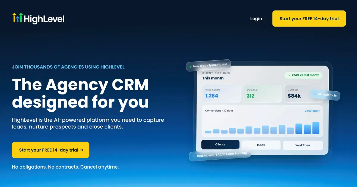 GoHighLevel marketing CRM dashboard with lead pipeline, conversations and automation tools GoHighLevel marketing CRM dashboard with lead pipeline, conversations and automation tools