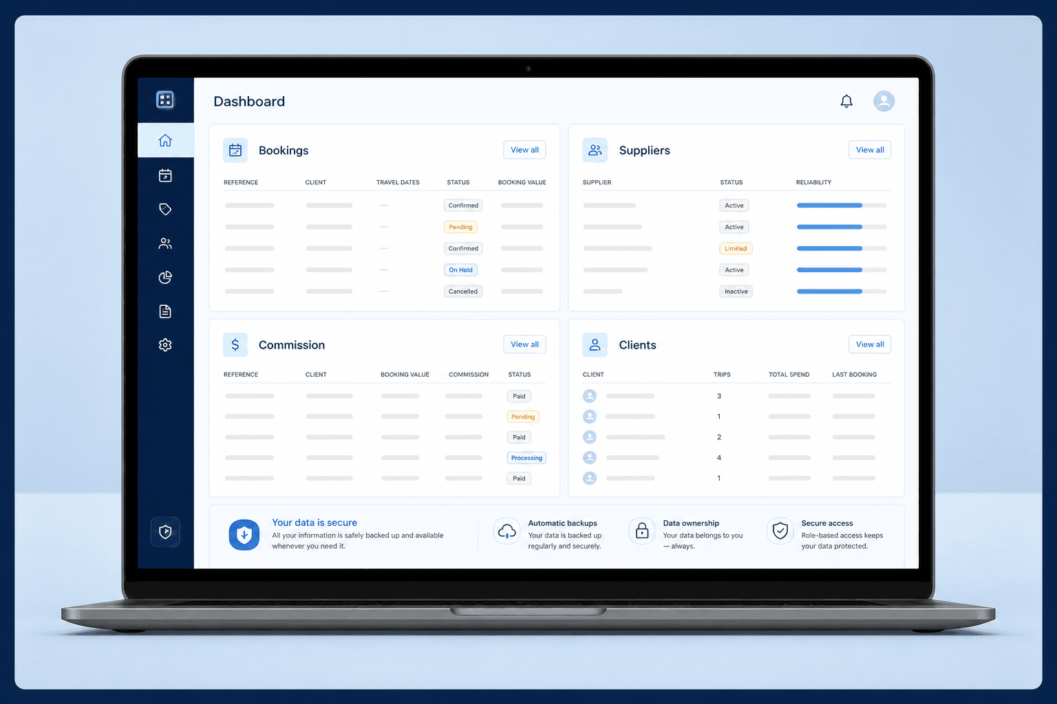 Generic host agency back-office dashboard showing bookings, suppliers, commission and client records for a travel advisor Generic host agency back-office dashboard showing bookings, suppliers, commission and client records for a travel advisor