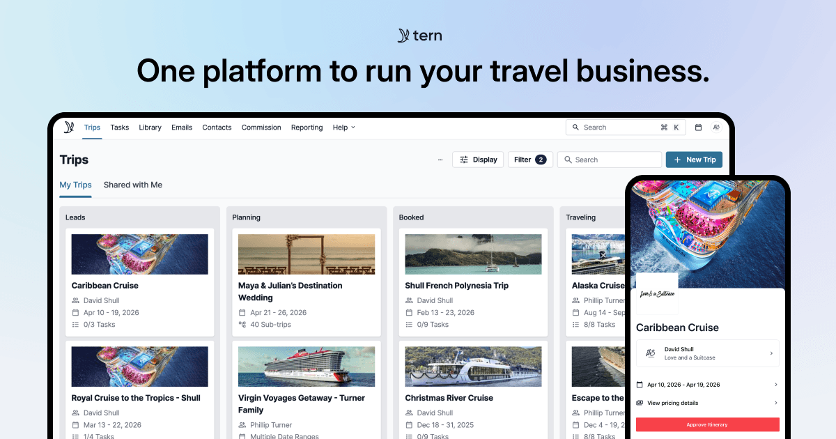 Tern travel advisor CRM platform shown across desktop and mobile with itinerary and business-management tools Tern travel advisor CRM platform shown across desktop and mobile with itinerary and business-management tools