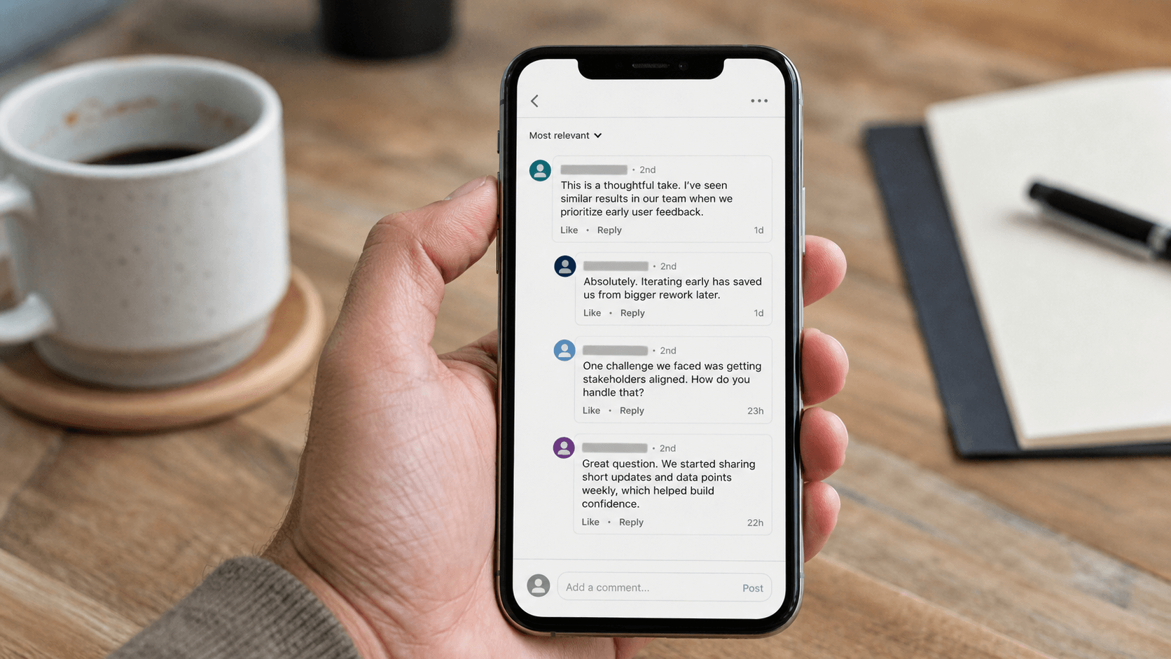 A phone showing an ordinary professional comment conversation, illustrating the ten-minute daily commenting routine A phone showing an ordinary professional comment conversation, illustrating the ten-minute daily commenting routine