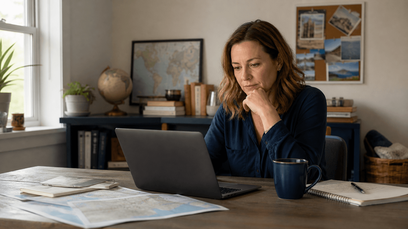 Independent travel advisor working at a laptop in a home office while thinking through how to find clients Independent travel advisor working at a laptop in a home office while thinking through how to find clients